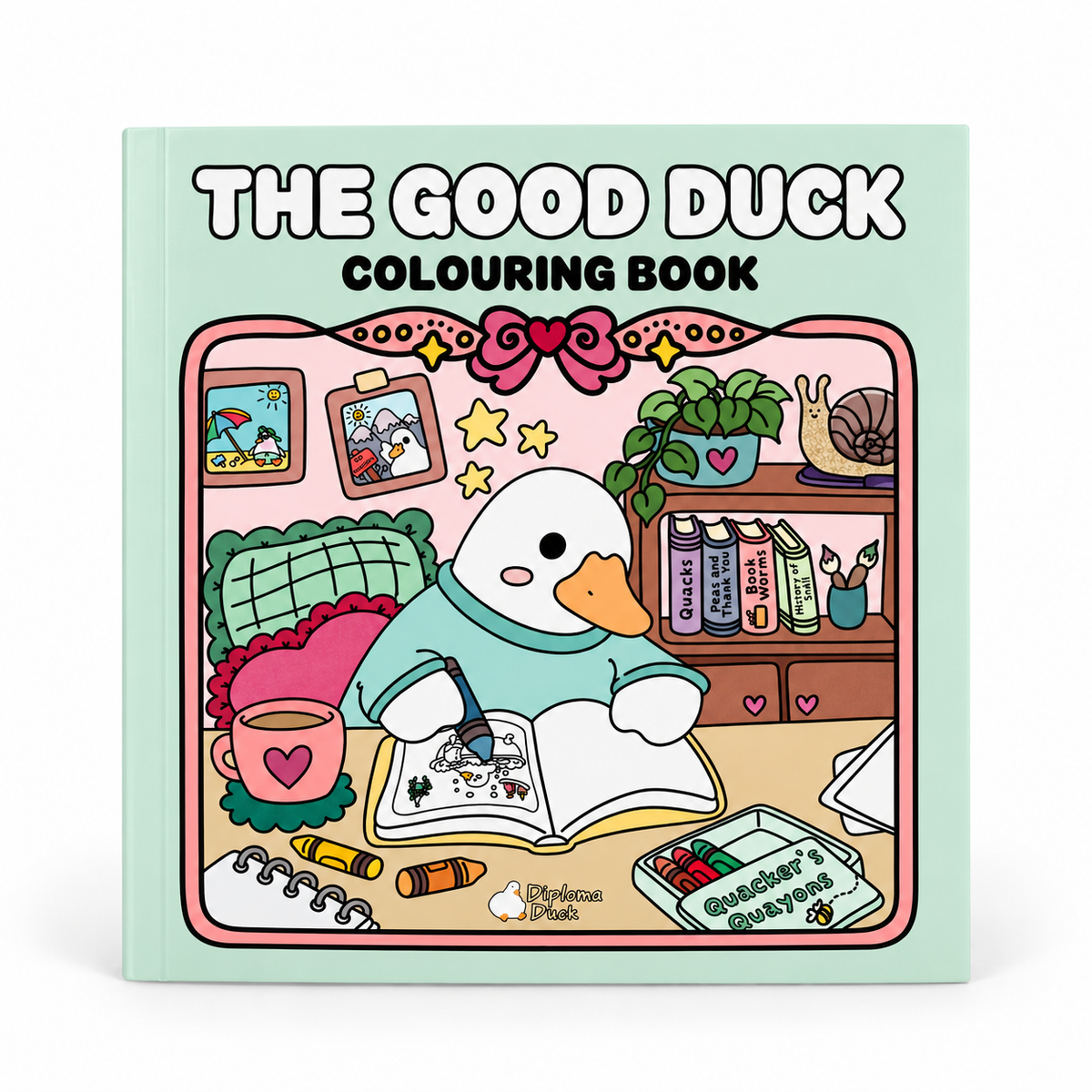 Good Duck colouring book cover, over 40 duck scenes to colour, DiplomaDuck